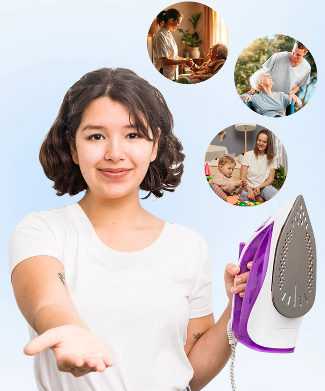 Profesional de Nylgar Servicios con plancha; cuidado de mayores y de niños